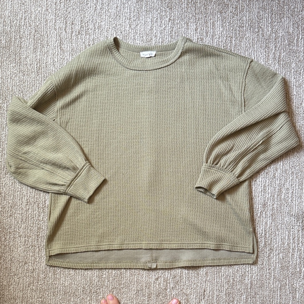Olive Green Women's Waffle Knit Crewneck Sweater